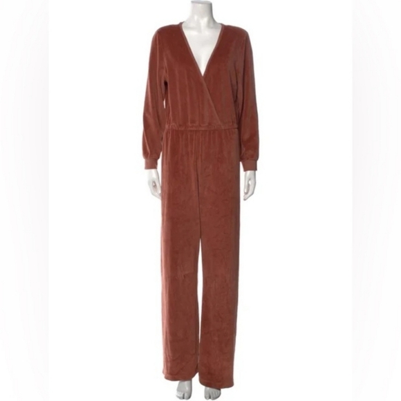 Suzi Kondie Long Sleeve Plunge Neckline Velour Jumpsuit in RustXS Minor Flaw